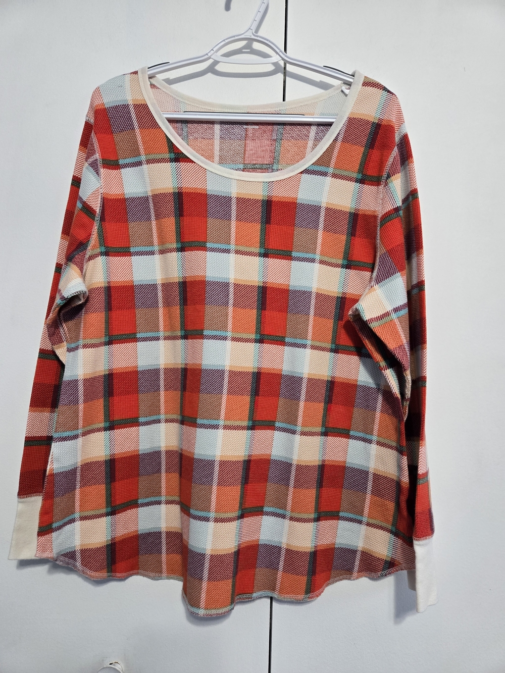 Old Navy XXL Plaid Waffle Knit Tunic Top Red Orange Long Sleeve Cozy